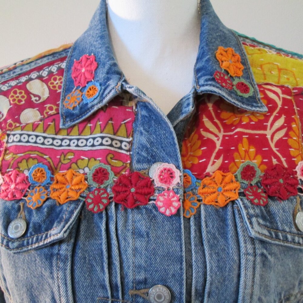 Boho Kantha Denim Jacket, Artisan Crafted Patchwork Distressed Jean Jacket M - Picture 2 of 10